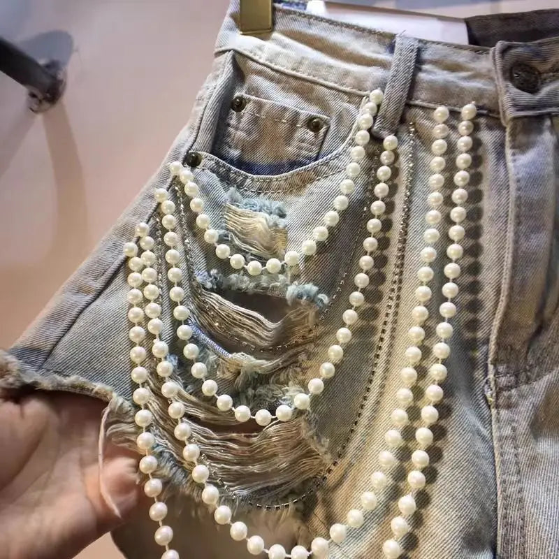 Leontine Pearl-Chain Denim Shorts Apparel One-piece Secondary image