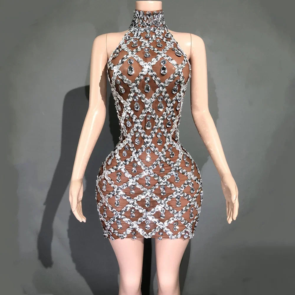 Adara Crystal Sequin Sheer Performance Mini Dress