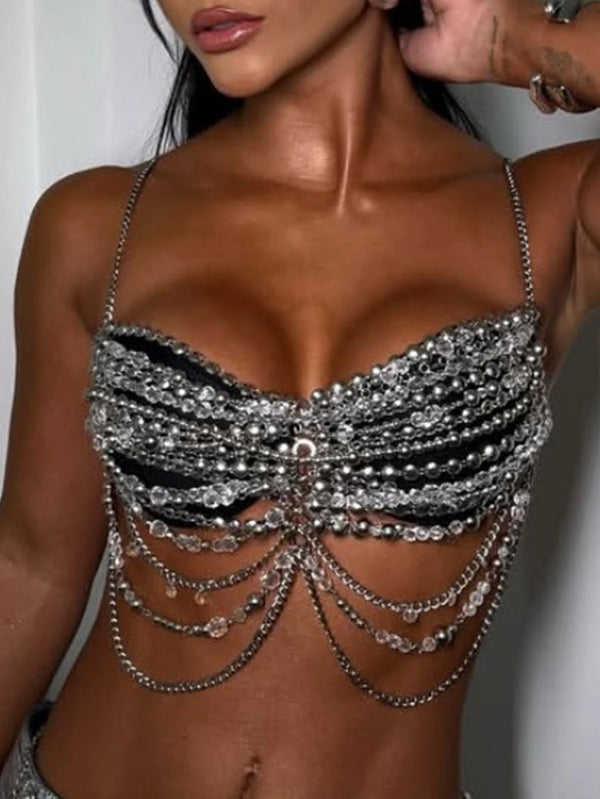 Sexy metal rhinestone corset crop top women summer see through halter tank top woman clothing hotwife cropped club party tops