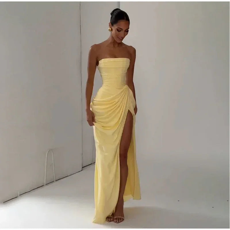 Elise Strapless Pleated Slit Maxi Dress