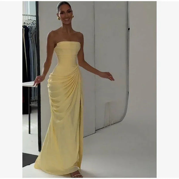Elise Strapless Pleated Slit Maxi Dress