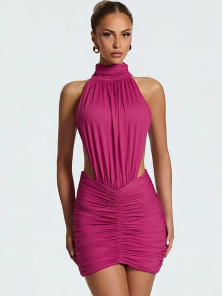 Marcella High-Neck Ruched Backless Mini Dress