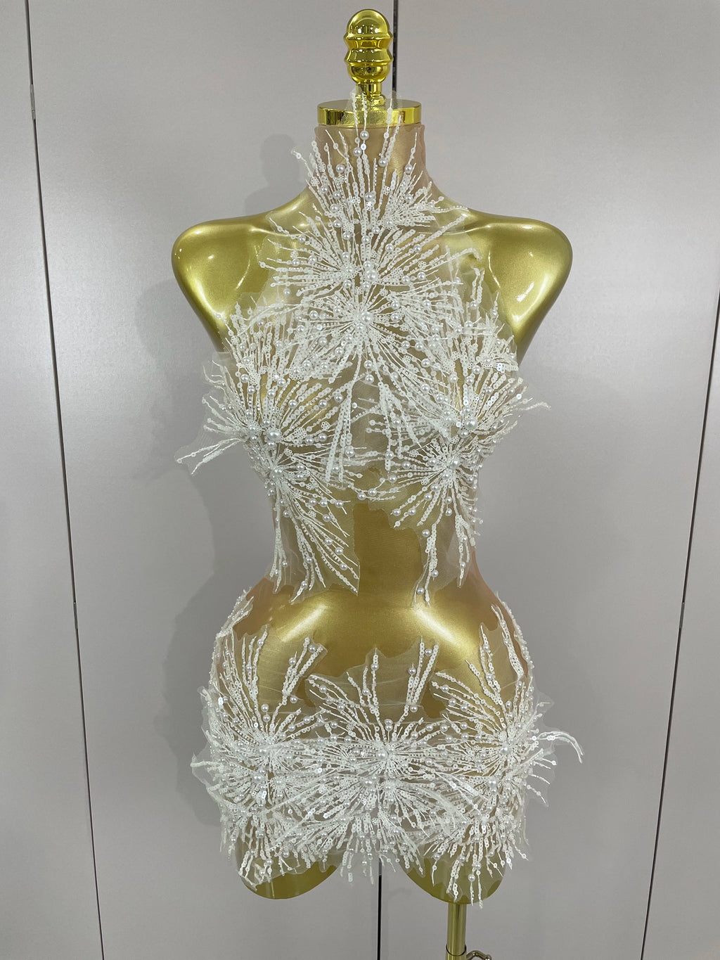 Zahara Pearl Appliqué Sheer Mesh Mini Dress