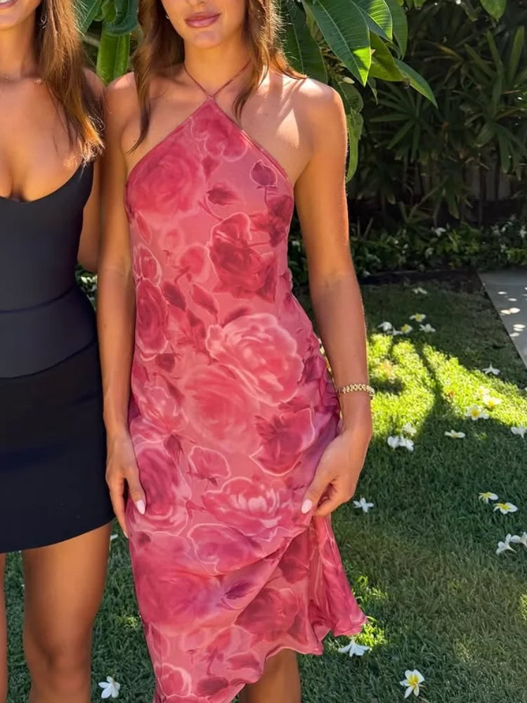 Ninon Rose Print Halter Backless Ruffle-Hem Midi Dress One-piece Main image