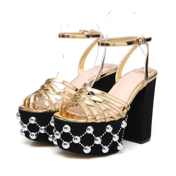2026 Luxury Brand Women's Summer Fashion Metal Platform Sandals Large 34-42 Super High Heel Thick Bottom Rivet Party Women Shoes