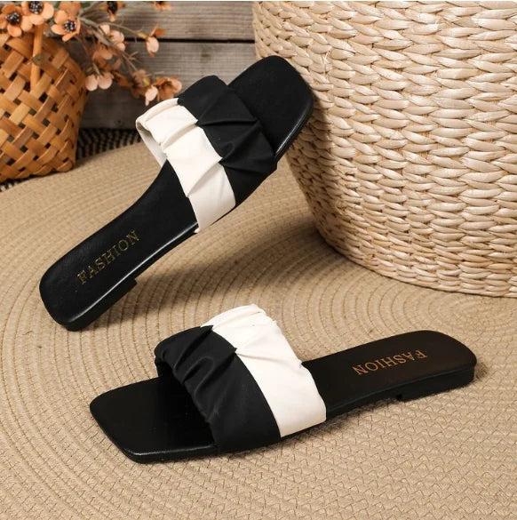 Paulette Ruched Square-Toe Flat Slide Sandals