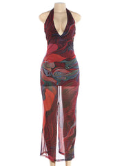 Aria Sunset Swirl Halter Mesh Maxi Dress