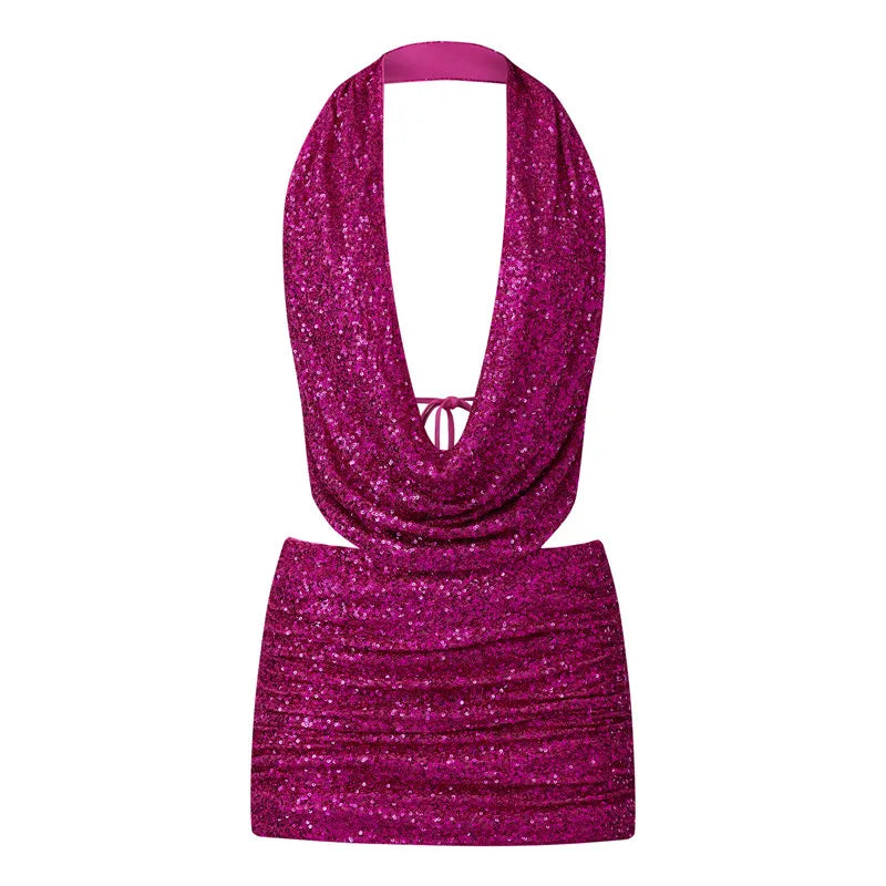 Wynonna Sequin Halter Cowl Crop Top & Mini Skirt Set