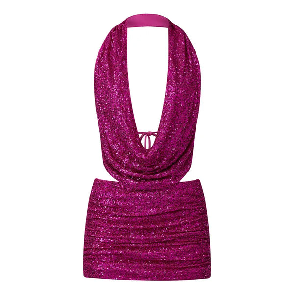 Wynonna Sequin Halter Cowl Crop Top & Mini Skirt Set