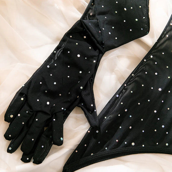 Honorine Shimmer Dot Sheer Mesh Garter Slip, Thong & Gloves Lingerie Three-piece