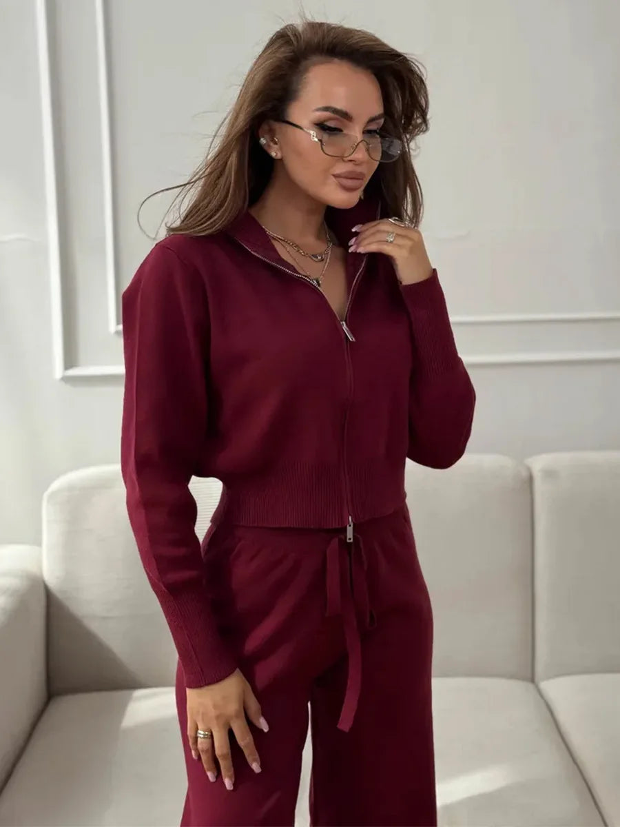 Sigourney Knit Zip-Up Cropped Cardigan & Wide-Leg Pants Two-Piece Set