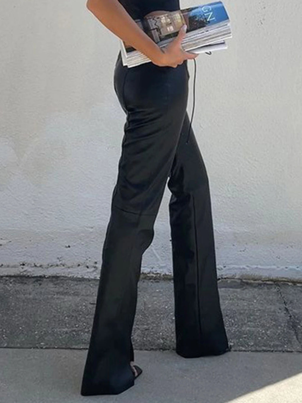 Jovanka Lace-Up Front Faux Leather Wide-Leg Pants One-piece