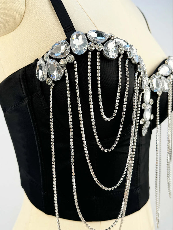 Sexy black white chain rhinestone corset crop top women summer club party halter tank top streetwear bustier cropped tube tops