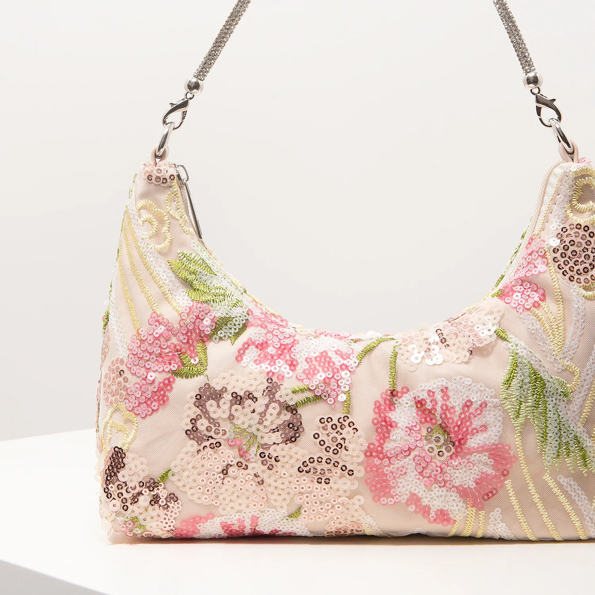 Florentina Floral Sequin Embroidered Half-Moon Shoulder Bag