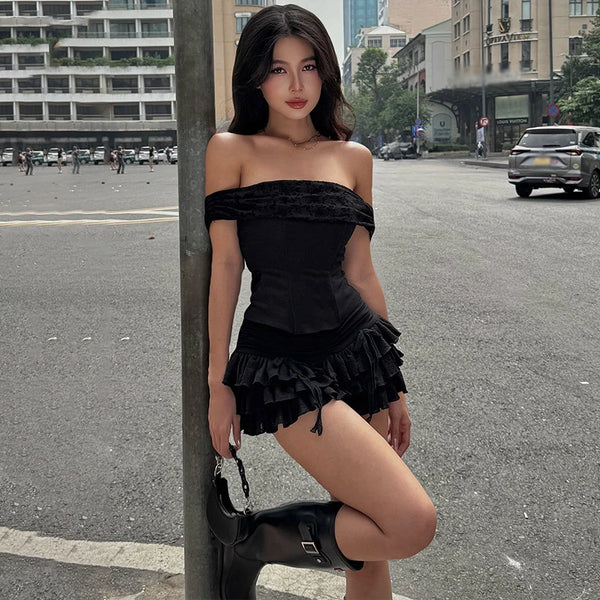 Mehitabel Off-Shoulder Tube Crop Top & Tiered Lace Mini Skirt Two-piece