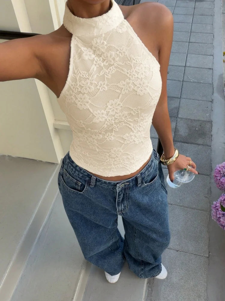 Women's Sexy White Lace High Neck Halter Back Button Backless Slim Fit Crop Top Casual Daily Vacation Summer 2026 Main image