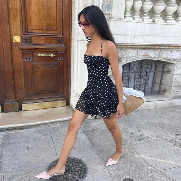 Domino Polka-Dot Halter A-Line Mini Dress
