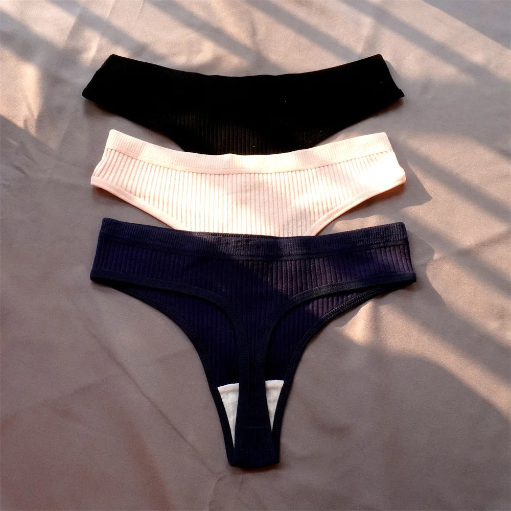 Mirelle Ribbed Cotton Thong Pack Lingerie 3-piece