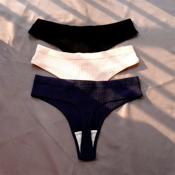 Mirelle Ribbed Cotton Thong Pack Lingerie 3-piece