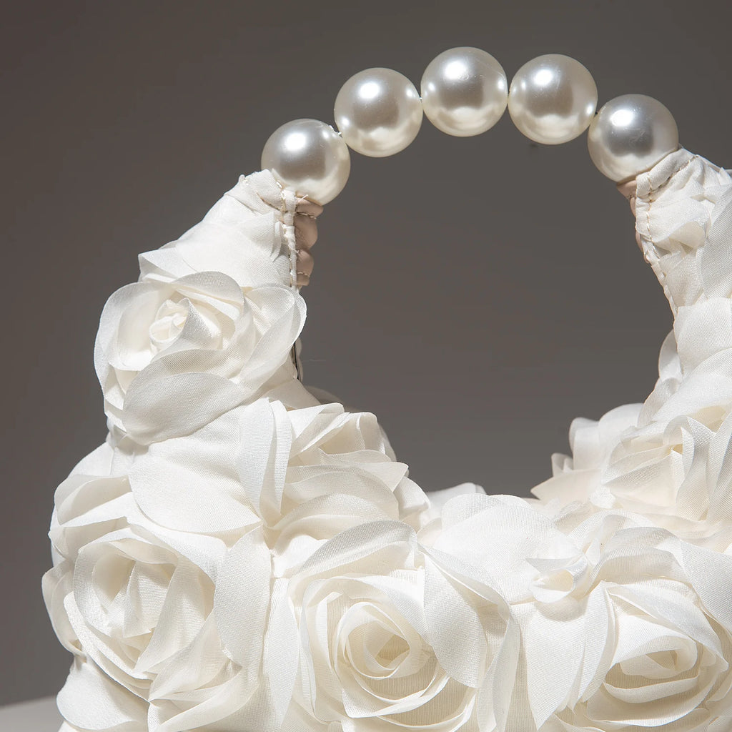Rosalind Satin Rosette Pearl-Handle Half-Moon Evening Bag