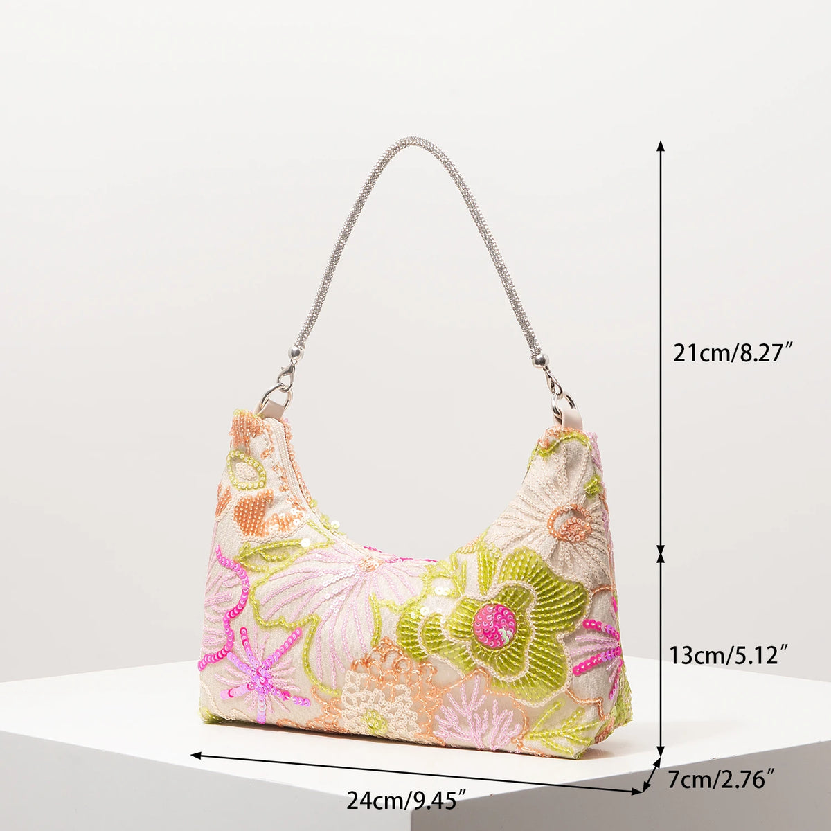 Florentina Floral Sequin Embroidered Half-Moon Shoulder Bag