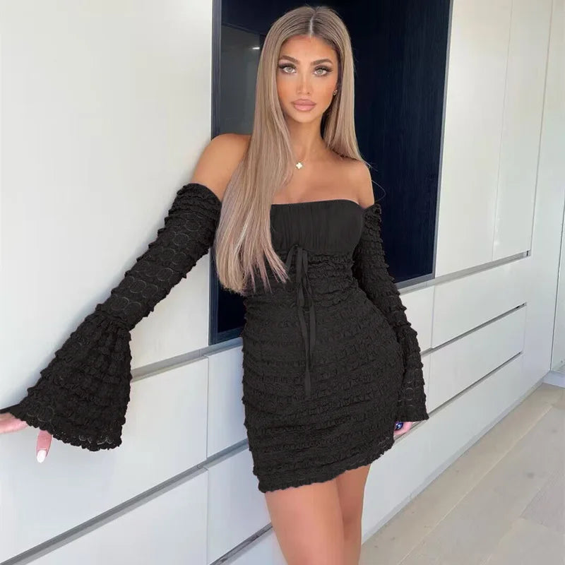 Cocoa Floral-Lace Flare-Sleeve Mini Dress