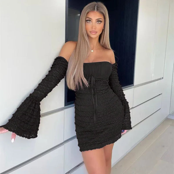 Cocoa Floral-Lace Flare-Sleeve Mini Dress