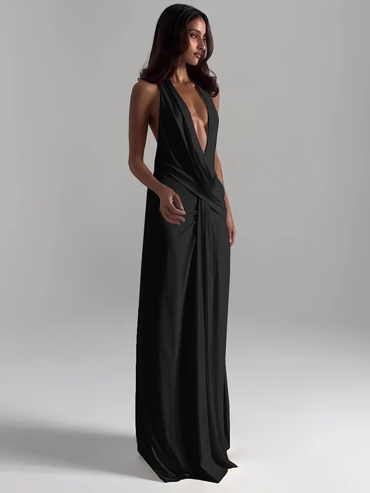 Annalisa Plunge Halter Ruched Backless High-Slit Maxi Dress