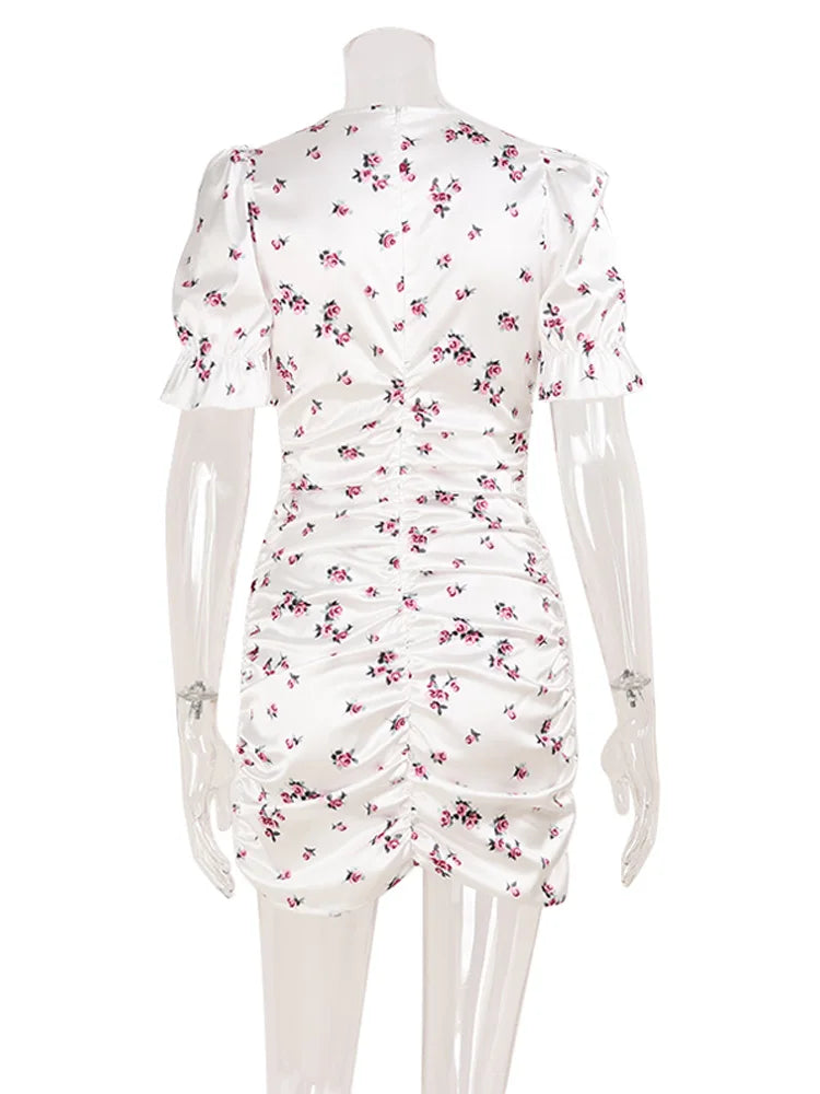 Rosaura Floral Puff-Sleeve V-Neck Ruched Bodycon Mini Dress