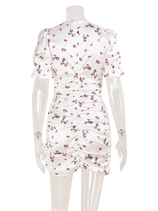 Rosaura Floral Puff-Sleeve V-Neck Ruched Bodycon Mini Dress