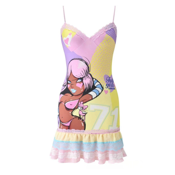 Paola Anime Graphic Lace-Trim Cami Bodycon Mini Dress