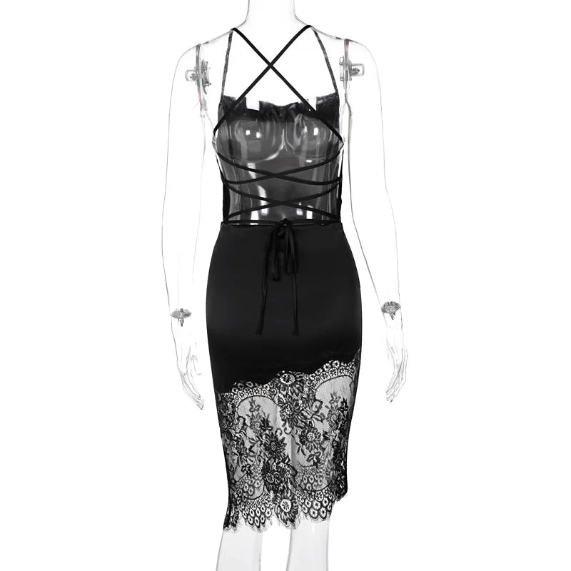 Cecelia Midnight Lace Asymmetry Sleeveless Midi Dress