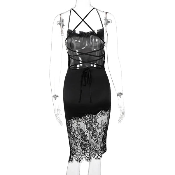 Cecelia Midnight Lace Asymmetry Sleeveless Midi Dress