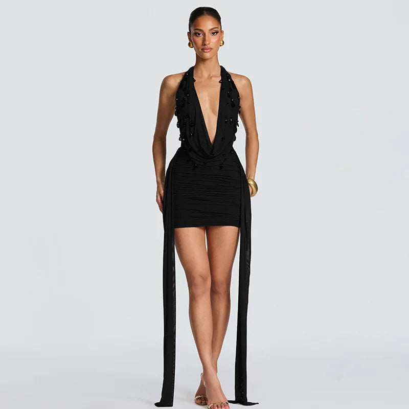 Roxana Beaded Deep-V Halter Mini Dress