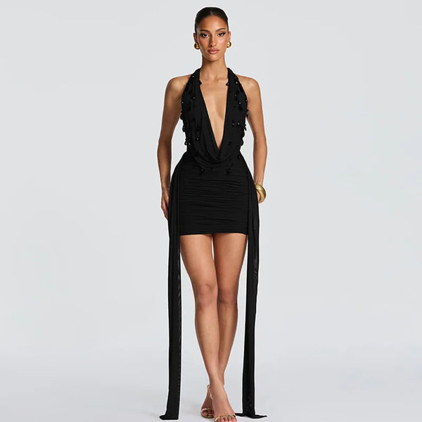 Roxana Beaded Deep-V Halter Mini Dress