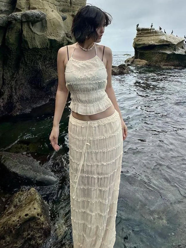 Oksana Sheer Crinkle Mesh Halter Lace-Up Crop Top & Maxi Skirt Two-piece