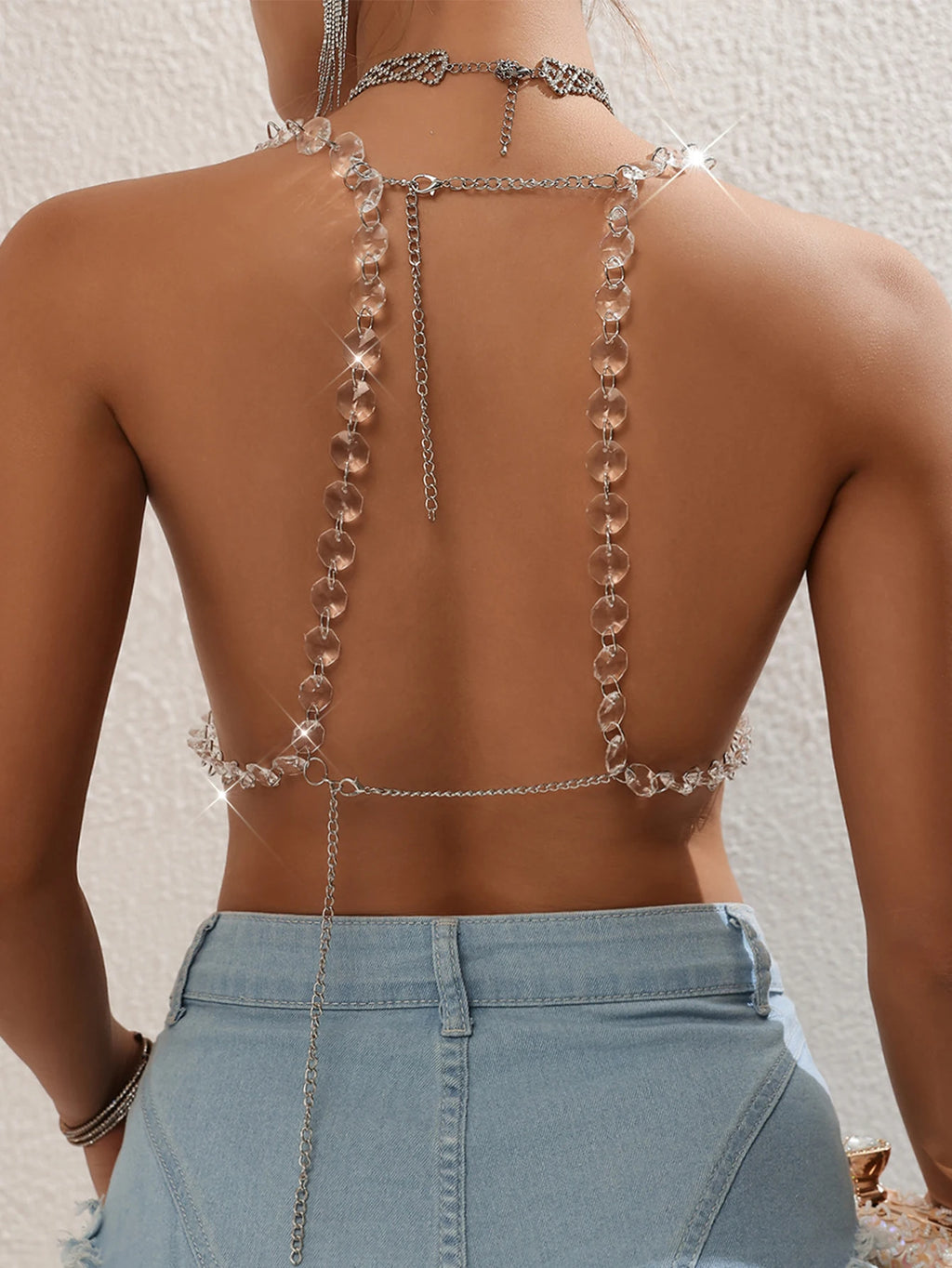 Sexy halter rhinestone corset crop top women clothing summer y2k see through body chain tank tops woman beach club party top hot