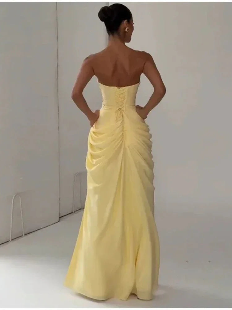 Elise Strapless Pleated Slit Maxi Dress