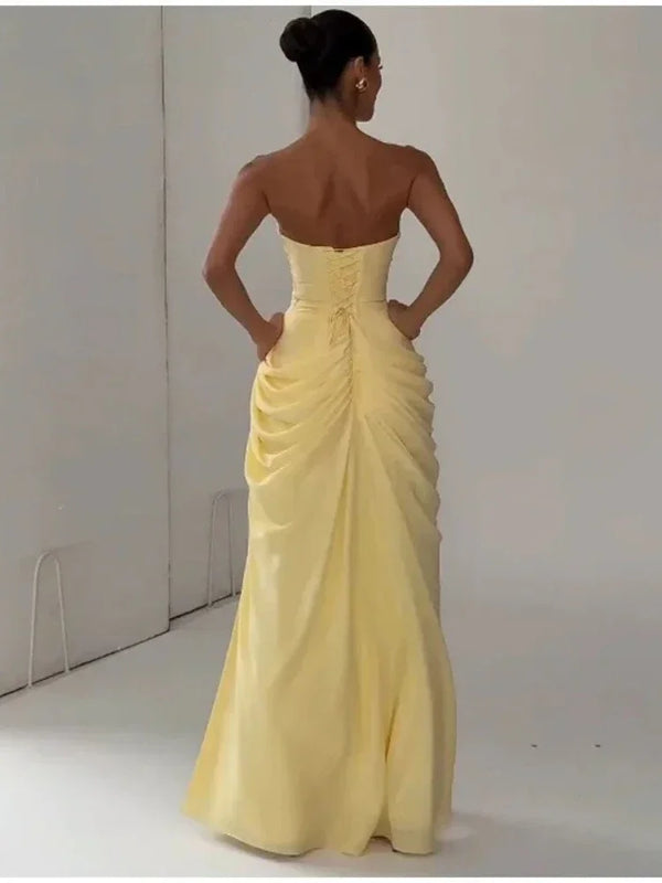 Elise Strapless Pleated Slit Maxi Dress
