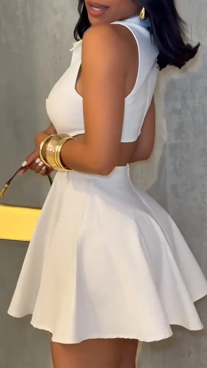 Adelheid Collared Gold-Button Side-Cutout Sleeveless A-Line Mini Dress