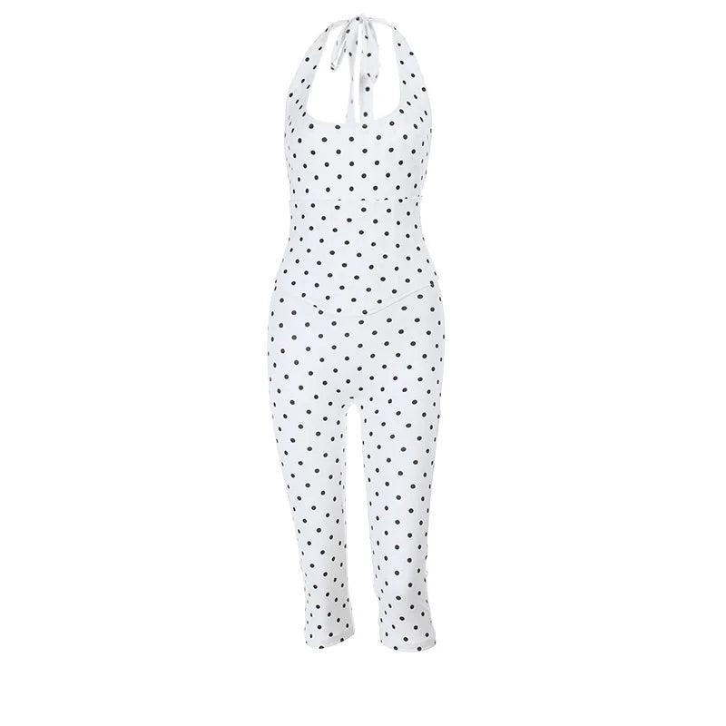 Black Polka Dot Halter Backless Cropped Jumpsuit Waist Corset Belt Back Lace Up Bodycon Slim Fit Casual Sexy 2026 Trend