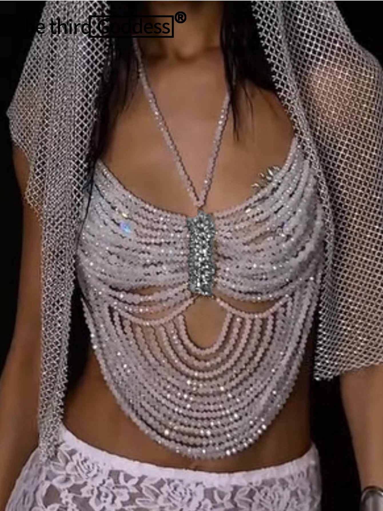 Elara Rhinestone Beaded Halter Crop Top Main image