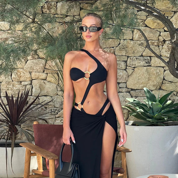 Two-Pieces Women One Shoulder 2025 Push-Up Padded Bra Black Swimsuit Swimwear Bathing Suit Beachwear Monokini Female