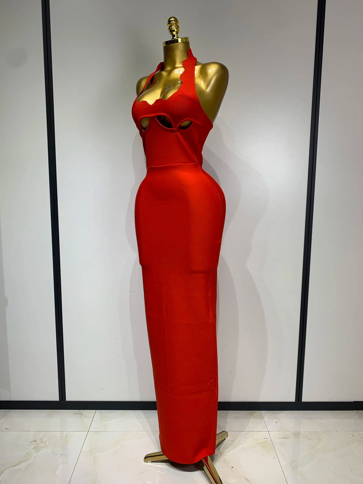 Ornella Scalloped Cutout Halter Bandage Maxi Dress