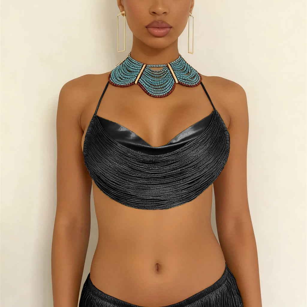 Nora Gold Metallic Halter Backless Crop Top