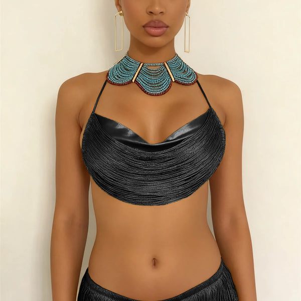 Nora Gold Metallic Halter Backless Crop Top