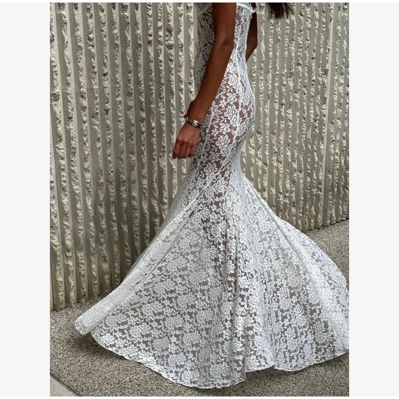 Thessaly Lace Halter Cutout Backless Mermaid Maxi Dress