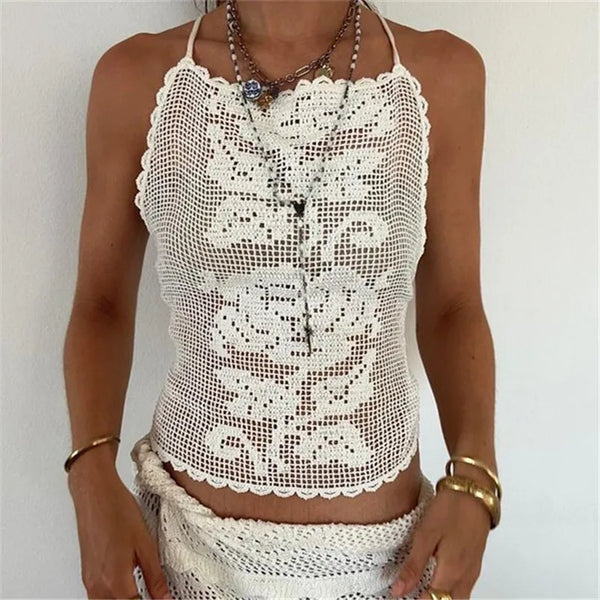 Bree Boho Crochet Floral Halter Open-Back Cami Top