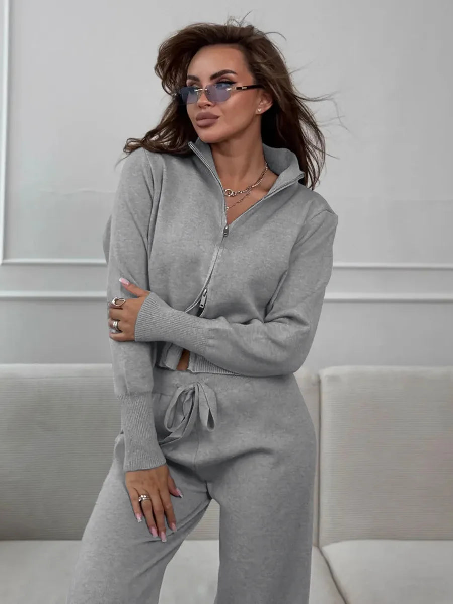 Sigourney Knit Zip-Up Cropped Cardigan & Wide-Leg Pants Two-Piece Set