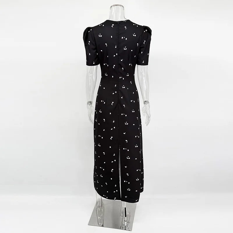 Thomasina Lace-Trim Cutout Puff-Sleeve Print Midi Dress